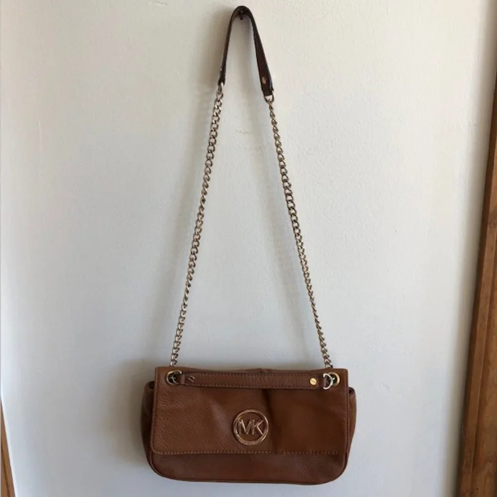 MICHAEL KORS Fulton Small Brown Gold Chain Shoulder Flap Bag